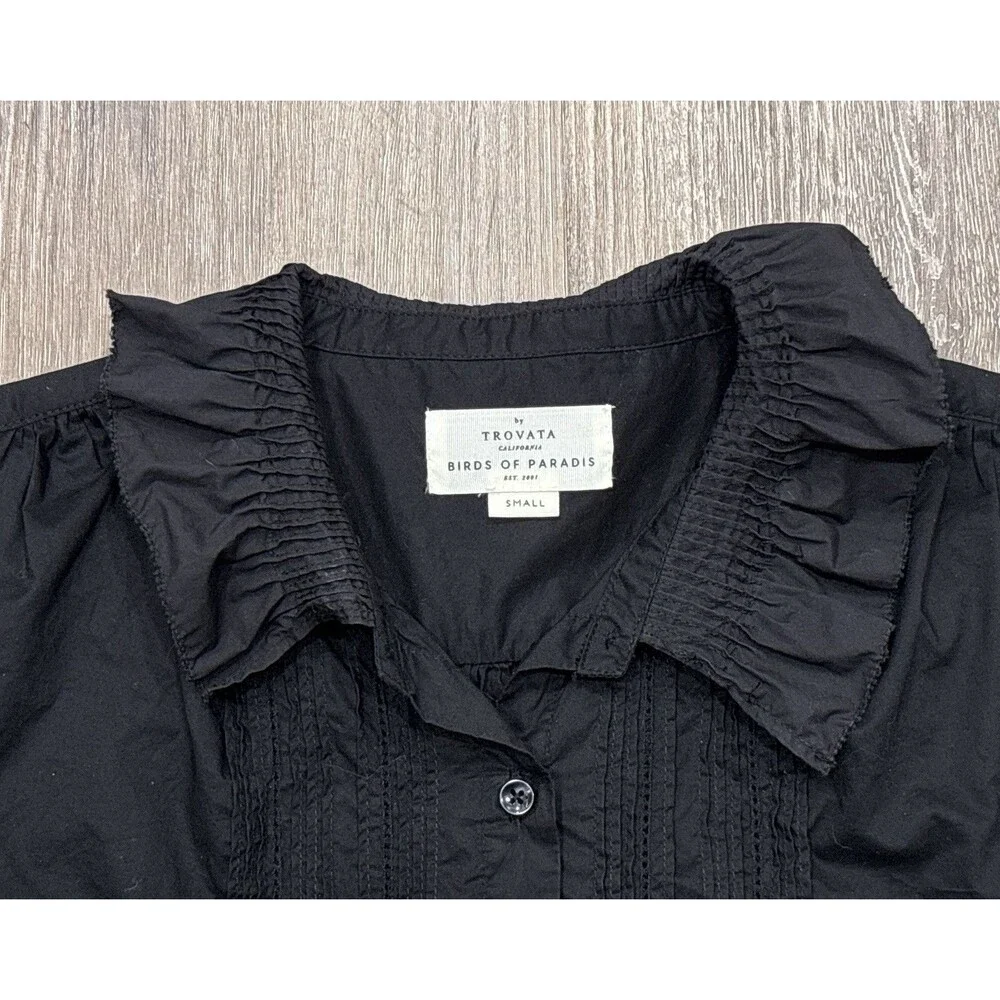 Trovata Birds of Paradis Alise Blouse Black Cotton Pintuck Ruffle Small